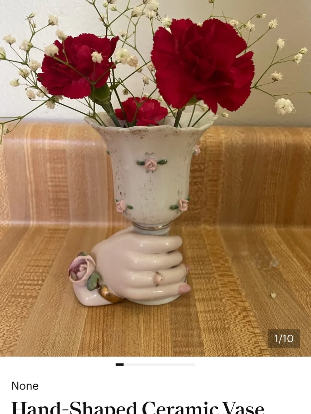 Vintage White Ceramic Hand-Shaped Vase with Pink Rose Accents - Picture 7 of 8